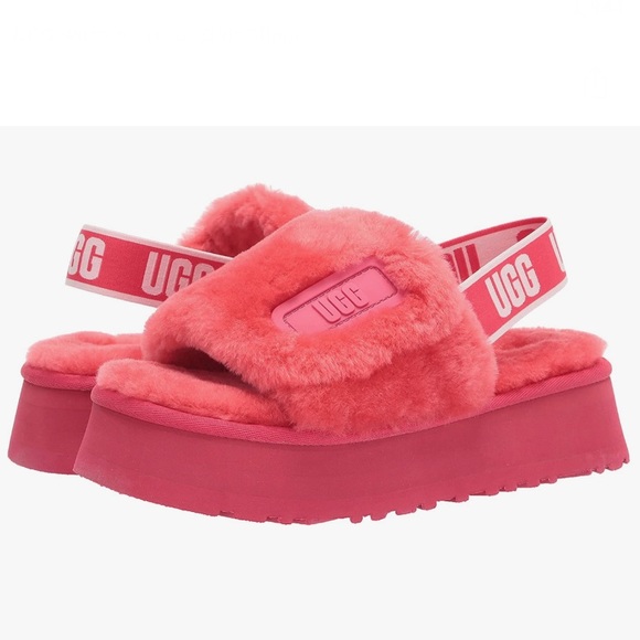 UGG Disco Slides Sandals Pink Cloud Sheepskin Fluff Fur Slingback Strap Logo - Picture 2 of 15